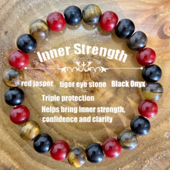 INNER STRENGTH Bracelet | Natural Stone Golden Tiger Eye, Black Onyx, Red Jasper - Picture 1 of 8